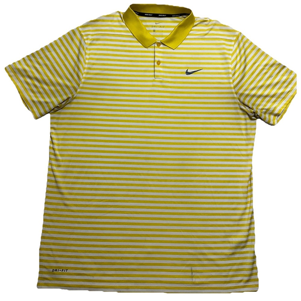 Nike Dri Fit Mens White And Yellow Stripped Short Sleeve Polo Shirt Size XL